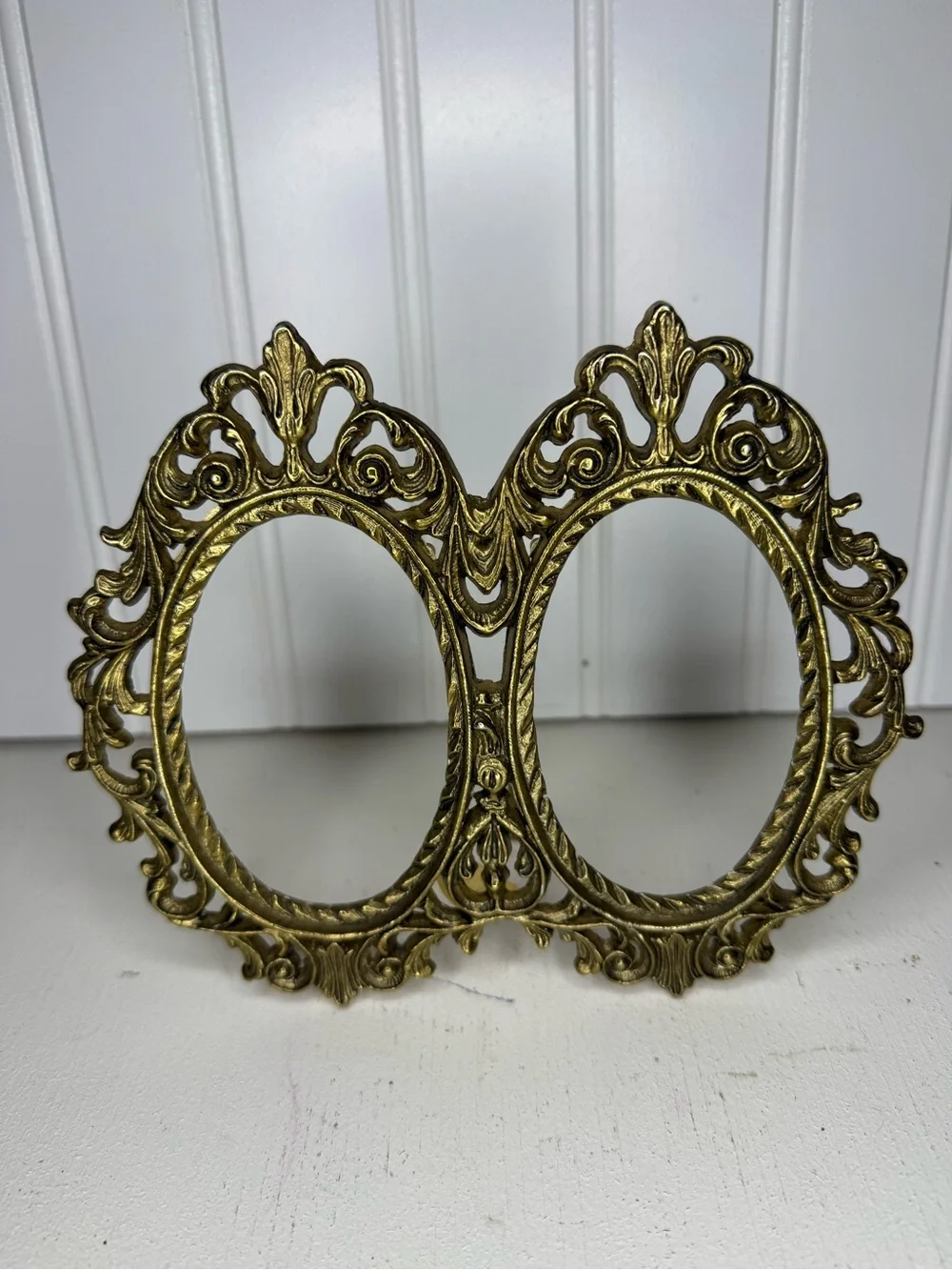 Antique Brass Tone Double Oval Frame with Stand, Vintage Art Nouveau Ornate Fram